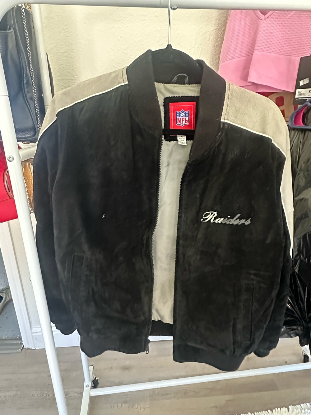Vintage NFL Raiders Black and Gray Suede Bomber Jacket